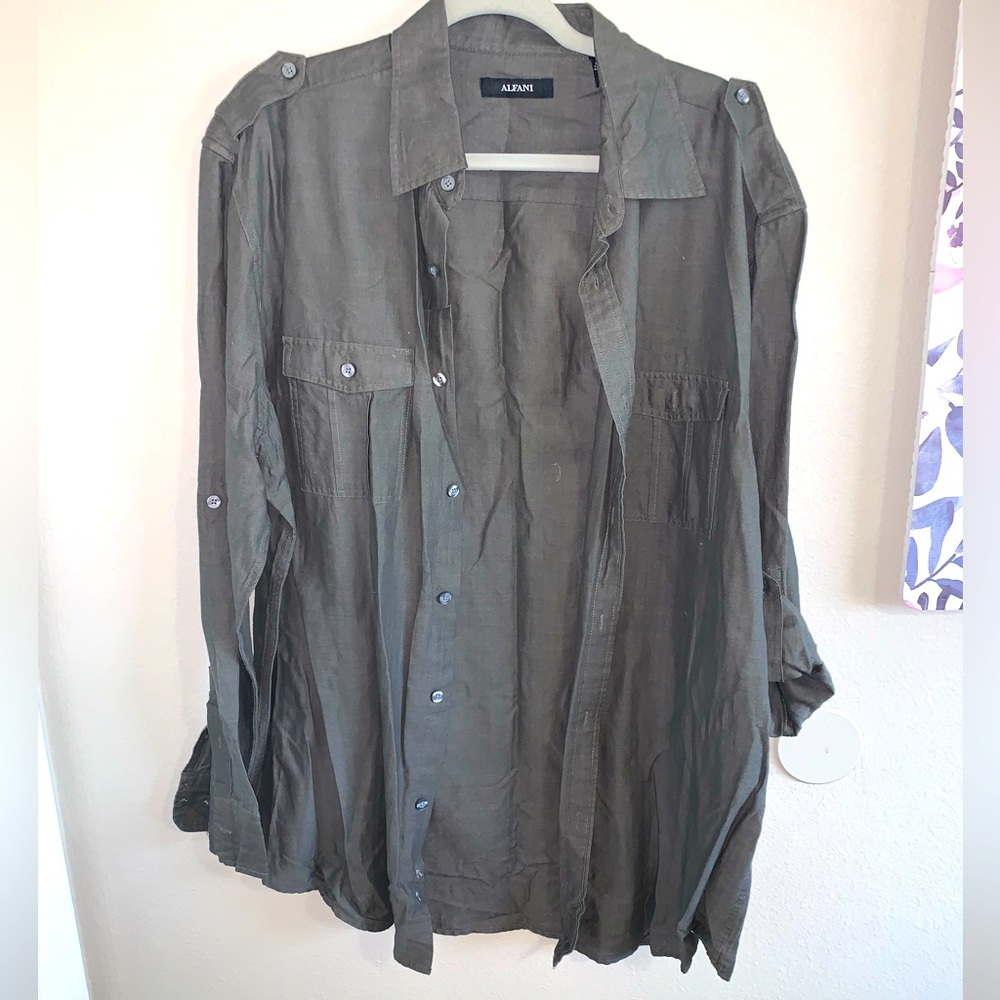 Alfani Mens long sleeve shirt linen and cotton stormy gray size Large NWT